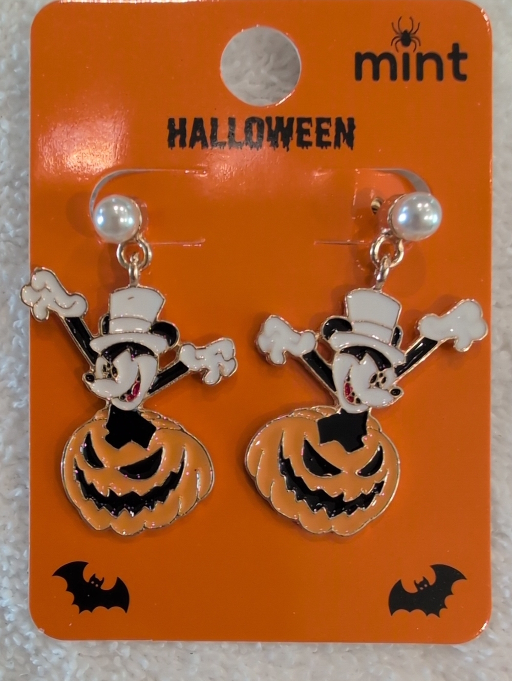 Mint Black & Orange Pumpkin Character Drop Earrings with Pearl Studs